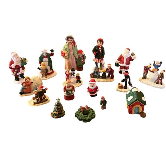 17 Piece mix collection of Christmas village people, trees, house, santa claus - Picture 1 of 4
